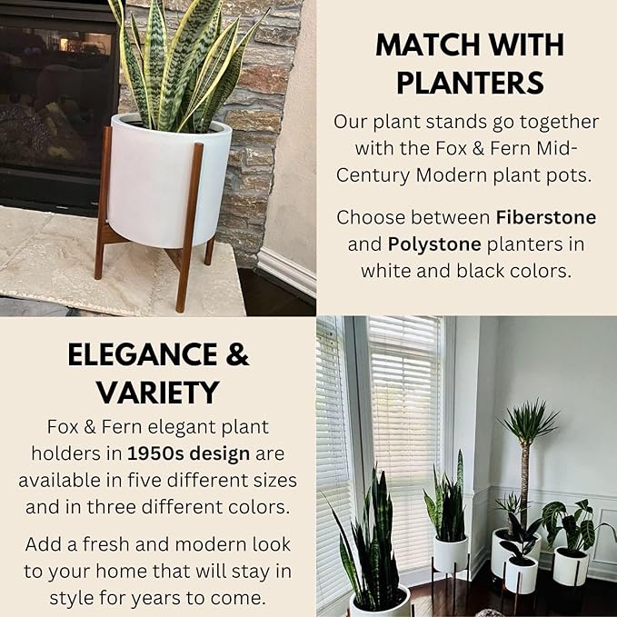 Fox & Fern Mid Century Plant Stand — 11.8 Inch Fixed Size Wooden Plant Stand for Indoor Planters (Not Included) - Large Flower Pot Holder for Indoor Big Pots - Plug In Design - Two Heights - Acacia