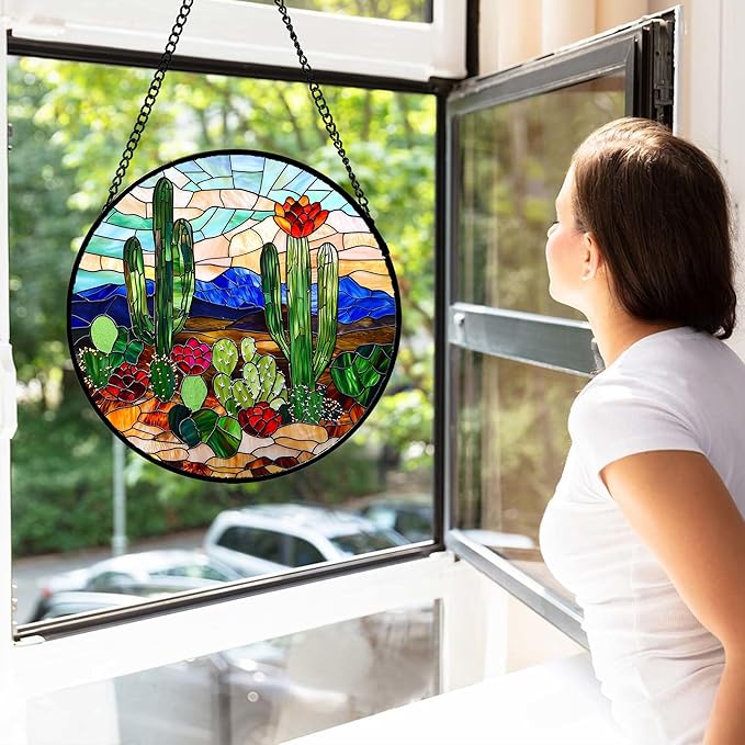 Stained Glass Window Hanging, Green Cactus Suncatcher for Doors Window Home Plant Landscape Sun Catchers Decoration Mother's Day Birthday Gifts for Women, Men, and Mom 6.3 in