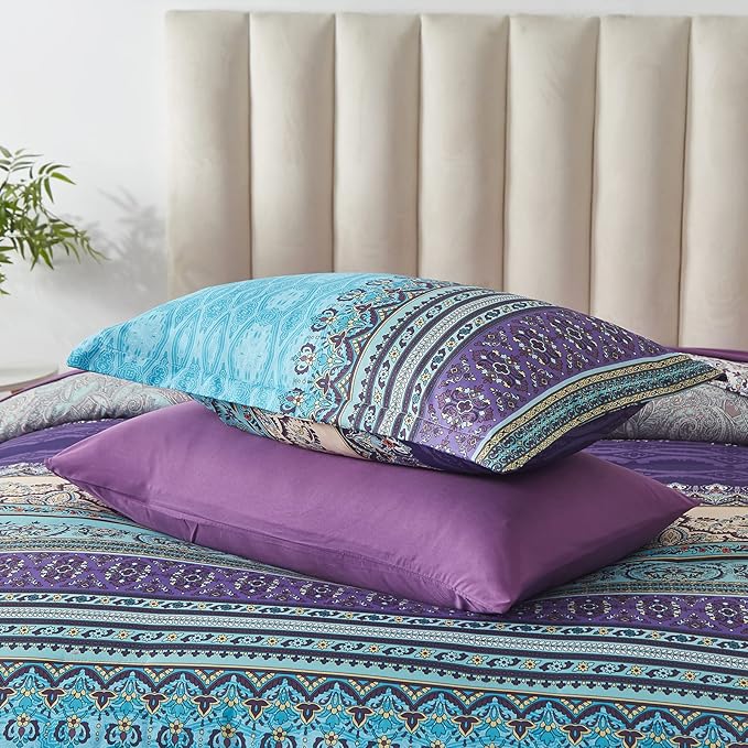 Cottolester Boho Comforter Set Full Size 8 Piece Bed in a Bag Bohemian Striped Bedding Quilt Set Aqua Paisley Floral Comforter and Sheet Set,Soft Microfiber Complete Bedding Sets for All Season
