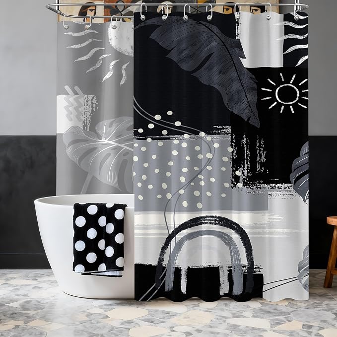 Extra Long Shower Curtain Extra Tall Black and Gray XL Black and Grey Abstract Shower Curtains for Large Bathroom Decor Sets, Waterproof Cloth Fabric with Hooks, 108x72 Inch