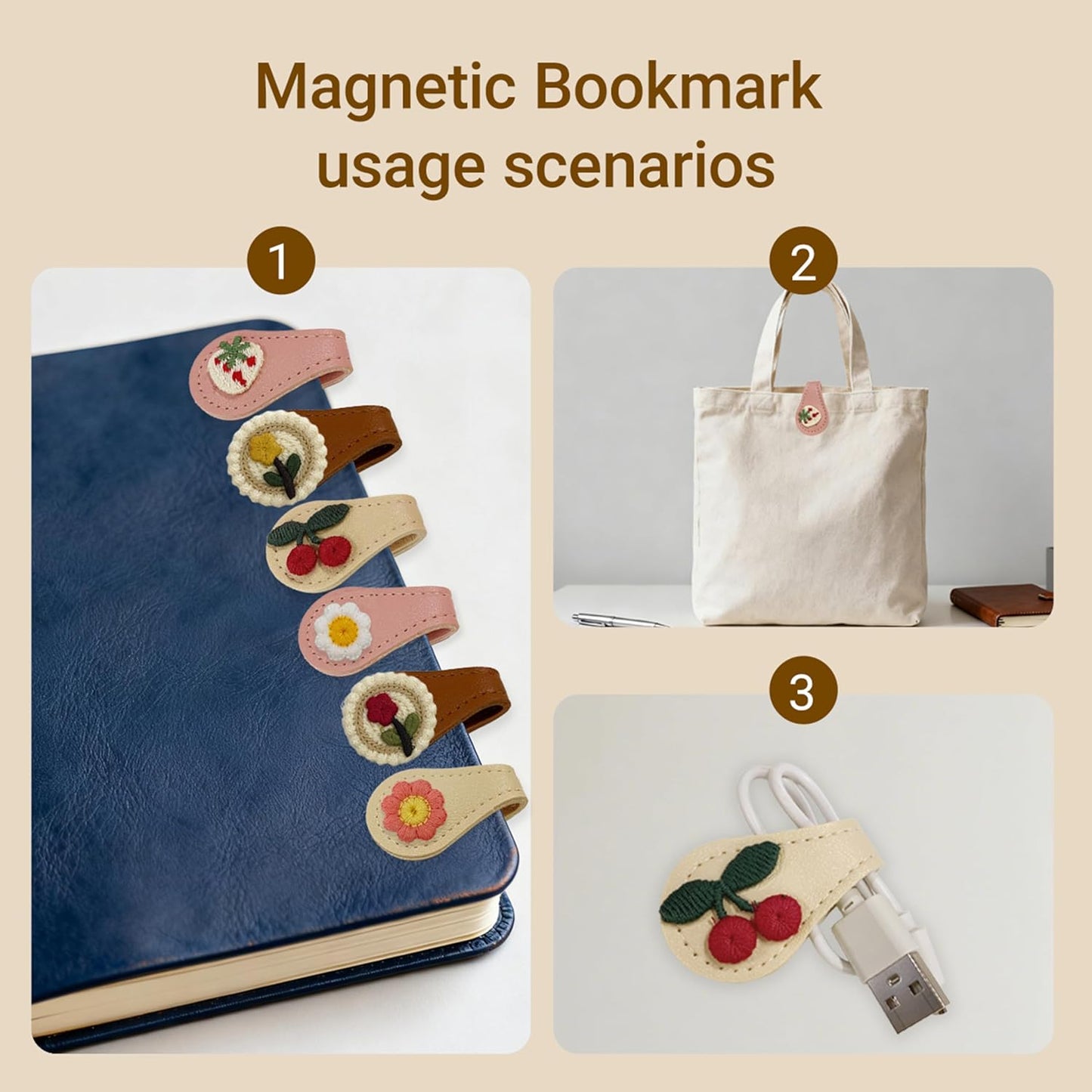 Skiennix Magnetic Leather Bookmark Set - 6 Pcs Embroidery Clips for Book Lovers | Stylish Reading Accessories