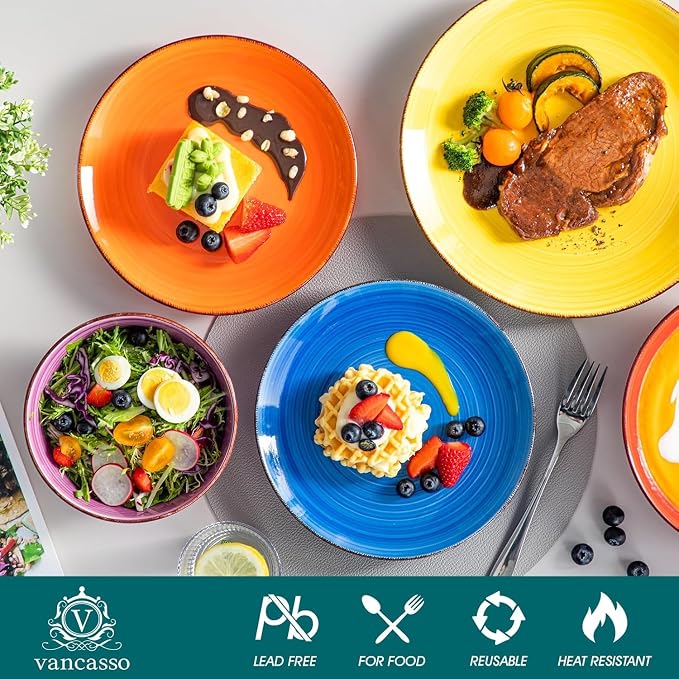 vancasso Bonita Dinnerware Sets, 24 Pieces Multicolor Stoneware Dinner Set for 6, Handpainted Spirals Pattern Ceramic Plates and Bowls Sets Kitchen Plate Set