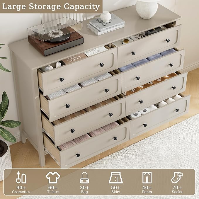 Dresser for Bedroom, 8 Drawer Dresser with Metal Handles, 55" Wide Modern Dressers & Chest of Drawers for Living Room, Hallway, Entryway, Beige