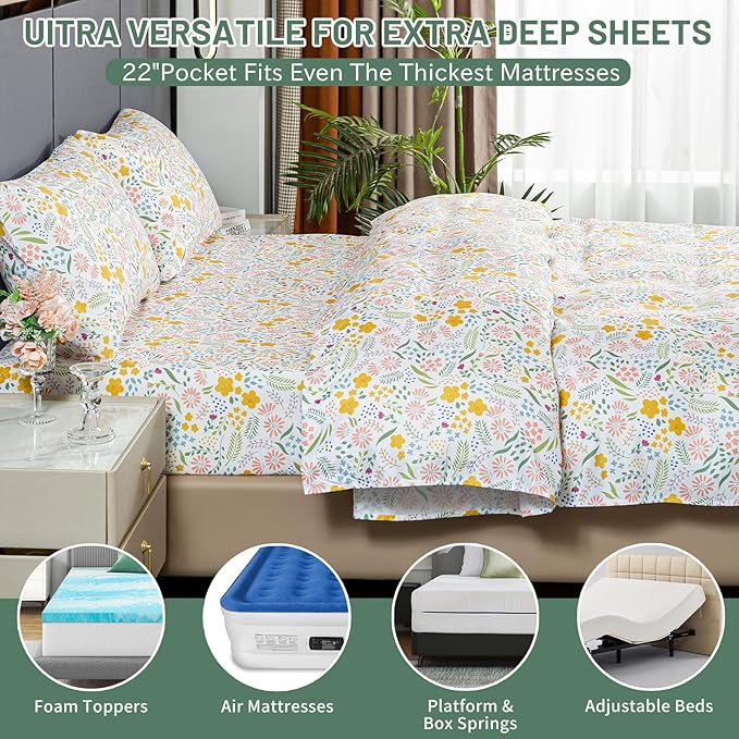 Bedlifes King Size Extra Deep Pocket Sheet Sets - Fits Mattresses Up to 18-24" Thick, 4-Piece Microfiber Set with 1800 Thread Count, Soft, Smooth, Breathable, Featuring Floral