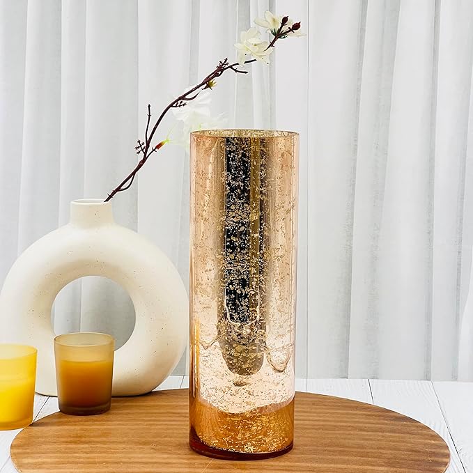 Hosley Mercury Rose Gold Glass Vase Decorative Glass Hurricane Vase 4" Dia X 12" H. Ideal for Floral Arrangements Cut Flowers Weddings Aromatherapy DIY Craft Projects Led Lantern Votive Garden Spa