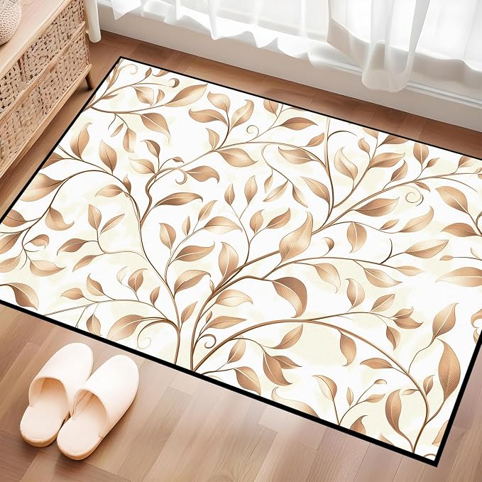 Botanical Leaf Vine Area Rug Beige Floral Branch Print Rug for Entryway Bedroom Living Room Kitchen Home Decor Non-Slip Washable Floor Mat Modern Farmhouse Carpet,2'x3'
