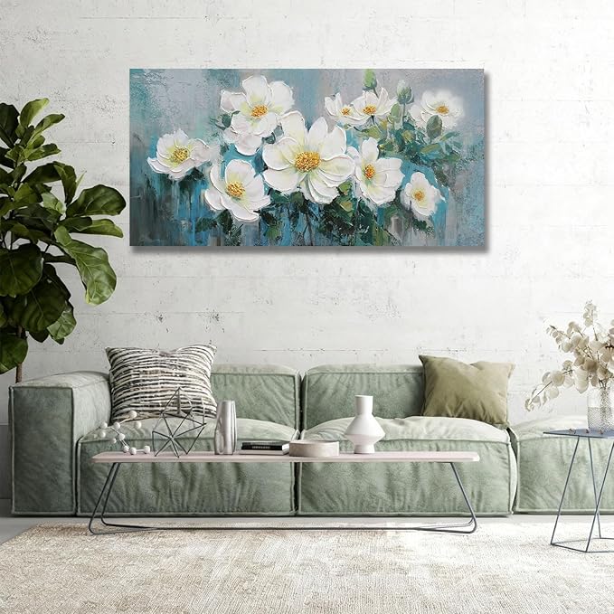 Ardemy White Floral Canvas Wall Art Large Teal Textured Pictures Wall Decor Turquoise Paintings Artwork for Living Room Bedroom Home Office, 48"x24"