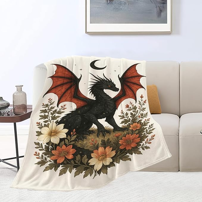 Black Dragon Blanket Floral Dragon Throw Blanket Soft Cozy Fleece Fuzzy Stuffed Plush Flannel Gifts for Girls Women Boys Kids Adults 60"X80"