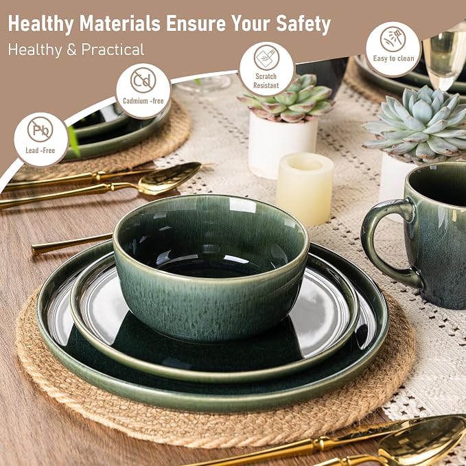 GBHOME Ceramic Dinnerware Sets for 4, 12 Pieces Stoneware Plates and Bowls Sets, Scratch Resistant Dishes, Dishwasher & Microwave Safe, Reactive Glaze-Earth Green