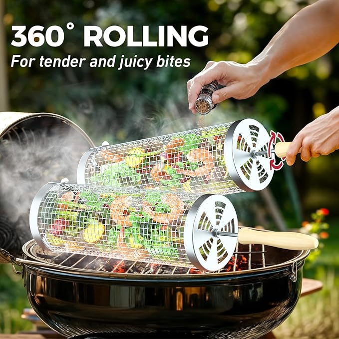 Rolling Grill Basket(2PCS), Removable Wooden Handle, 304 Stainless Steel, Grilling Accessories Tools for Vegetables Meat Food, Outdoor Camping Grilling, Birthday Gifts for Men Husband Men