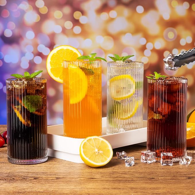 Ribbed Glassware Vintage Drinking Glasses 6Pcs -13OZ Clear Ribbed Drinking Glasses For Coffee, Cocktails, Smoothies, Juice, Beer, Water - Dishwasher Safe Lead-Free - Christmas Thanksgiving Gifts