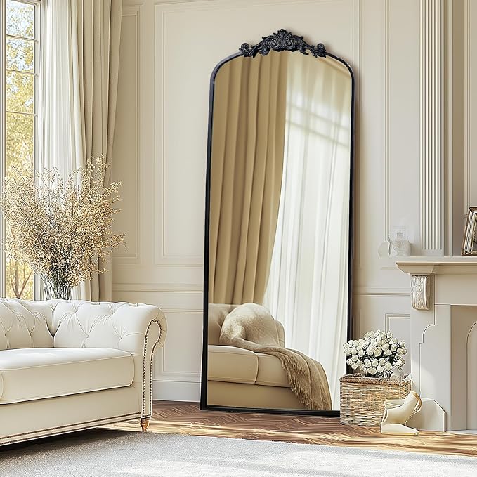 71" x 30" Black Arch Full Length Mirror, Gothic Ornate Baroque Floor Mirror with Decorative Crown, Large Arched Wall Mounted Dressing Mirror for Bedroom, Living Room, Entryway