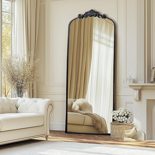 71" x 30" Black Arch Full Length Mirror, Gothic Ornate Baroque Floor Mirror with Decorative Crown, Large Arched Wall Mounted Dressing Mirror for Bedroom, Living Room, Entryway