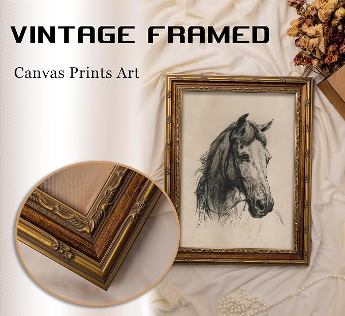 Vintage Gold Framed Horse Sketch Canvas Wall Art Retro Horse Wall Decor Vintage Farmhouse Animals Sketch Print Artwork Retro Rustic painting Picture for Farmhouse Bedroom Living Room 12X16in