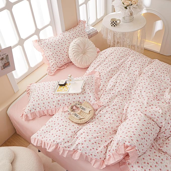 VM VOUGEMARKET 3 Pieces Ruffled Comforter Set with Pink Flower Pattern,1 Pink Striped Lace Comforter with 2 Pillow Shams for Teen Girls-68 x90,Twin XL