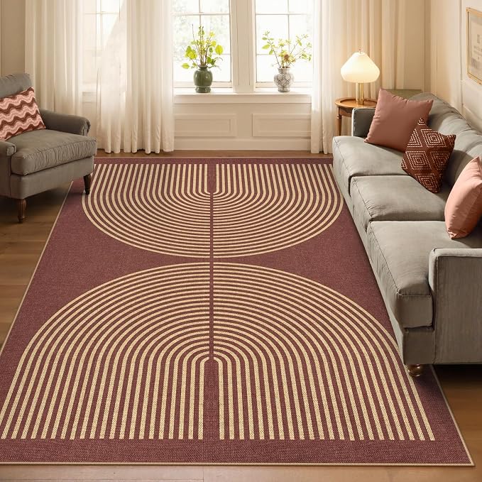 Lahome Enfys Modern Rainbow Easy Jute Outdoor Rug 5x7, Stain Resistant Red Dining Room Patio Rug, Farmhouse Non Slip Non Shedding Indoor Outdoor Carpet for Living Room Office Bedroom Deck Backyard