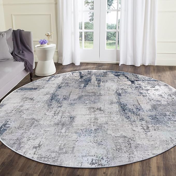 vivorug Round Rug 4ft Abstract Round Area Rug Non-Slip Indoor Carpet for Living Room Bedroom Entryway, Stain Resistant Home Decor Circle Rug, Grey/Navy
