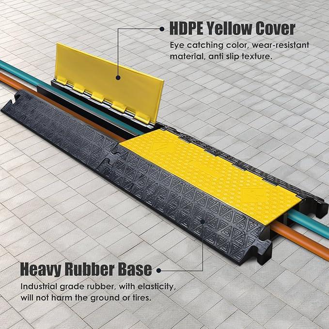 OranLite Large 2-Channel Rubber Floor Cable Protector Ramp, Heavy-Duty Floor Cable Wire Cord Cover Speed Bumps, Driveway Hose Cable Ramp Protective Cover (2 Large Channels)
