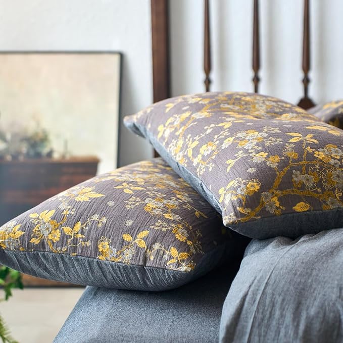 mixinni Vintage Floral Duvet Cover Queen Set - Gold Jacquard & Grey Reversible, 100% Yarn-Dyed Double-Layer Cotton, Breathable & Luxurious Farmhouse Bedding (3-Piece, Includes 2 Pillowcases)