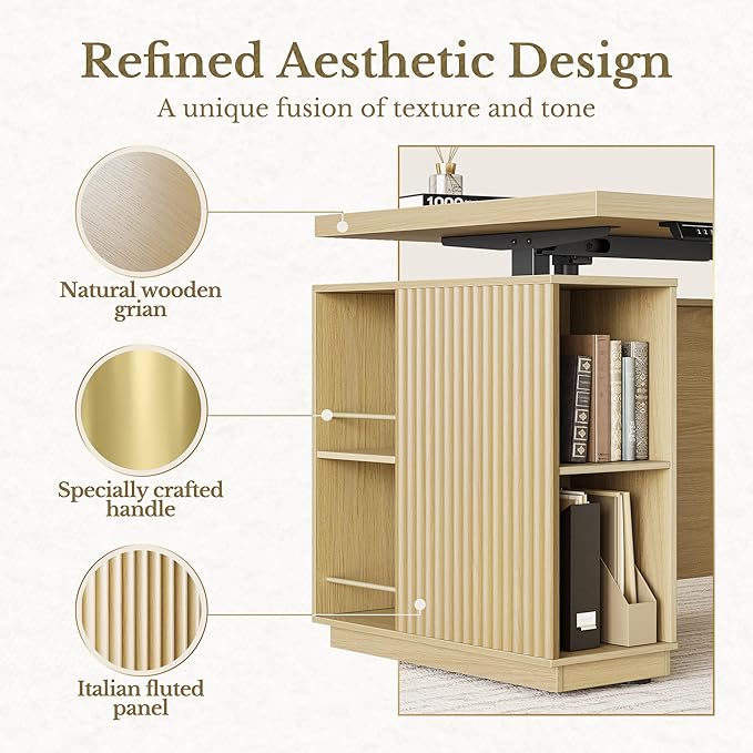 70" Standing Desk with Storage, Executive Electric Height Adjustable Stand Up Desk with AC/USB and Privacy Panel, Large One-Piece Destop, Fluted Computer Desk for Home Office, Light Walnut