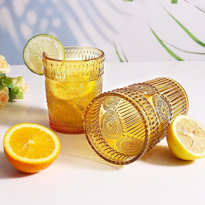 Loivttvv 12pcs Vintage Drinking Glasses Set, 12 oz Highball Glasses & 9 oz Embossed Ribbed Glassware Cups for Thanksgiving Cocktail, Juice, Coffee, Whiskey (Amber)