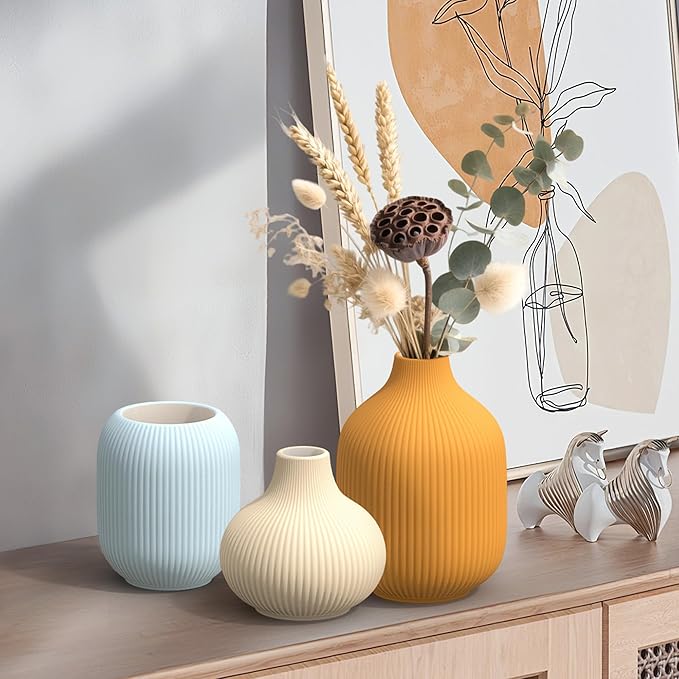 Set of 3 Vibrant Ceramic Vases in Light Blue, Mustard Yellow and Beige - Modern Minimalist Ribbed Decor for Centerpiece, Farmhouse Living Room, Kitchen Shelf, Gift Idea