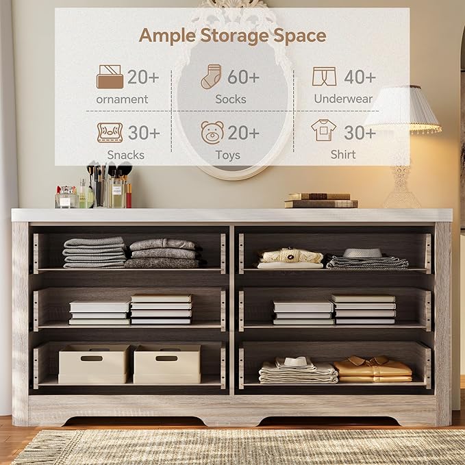 FUSUNBAO Fluted 6 Drawer Dresser, Modern Wood Dresser for Bedroom,TV Stand,Thickened Curved Profile Design,Bedroom,Entryway,Wood Drawer Organizer(Natural Oak)