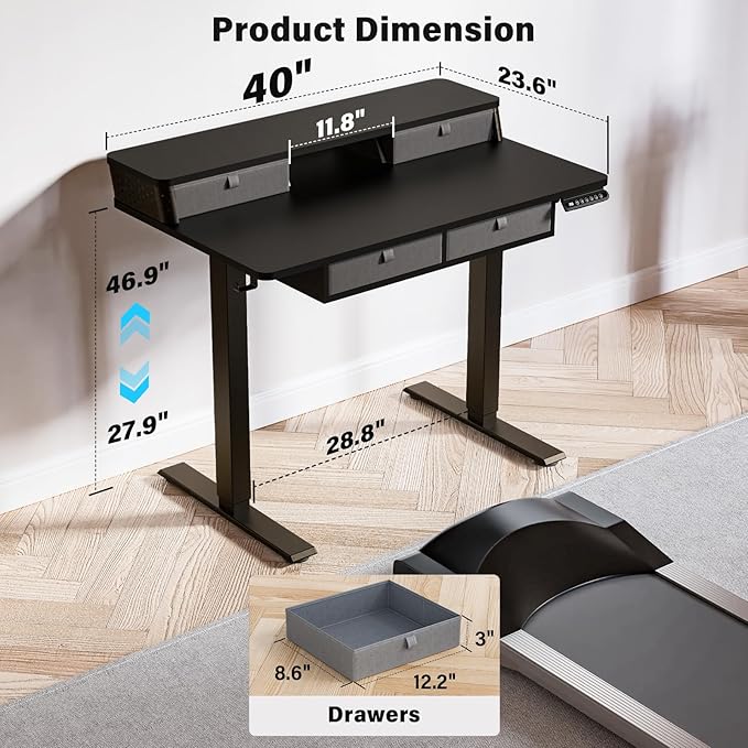 Electric Standing Desk with 4 Drawers 40''x 24'' Small Adjustable Height Sit to Stand Up Desk with Storage Shelf, C-Clamp Mount Compatible Black Home Office Desks Computer Desk Ergonomic Workstation