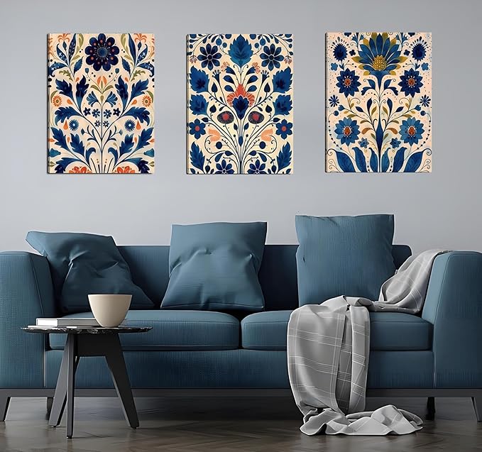 3 Pcs Blue Boho Flower Canvas Wall Art, Floral Painting Poster Wall Decor,Wildflower Botanical Picture for Wall Living Room Bathroom Bedroom Home Decoration 16*24 in (Stretched Canvas on A Wooden Frame)