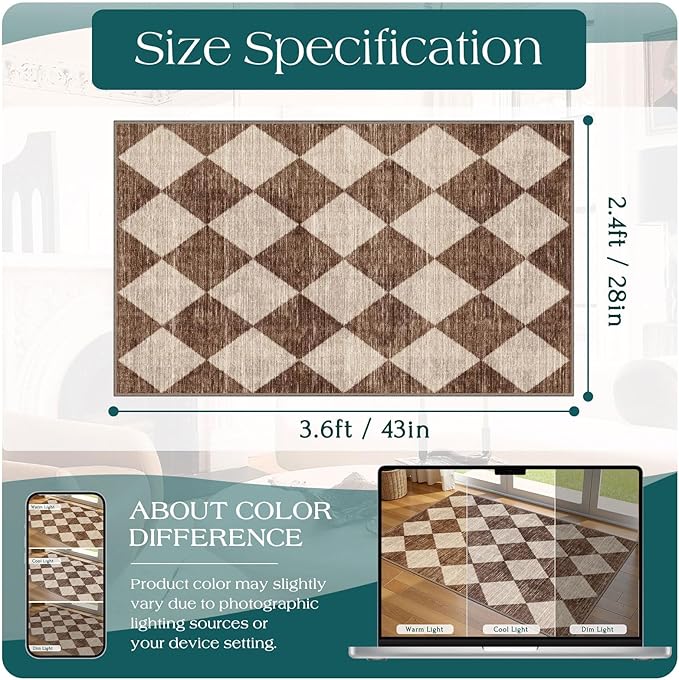 Checkered Entryway Rug - 28" x 43" Small Front Door Mat Indoor Outside Entrance Non-Slip Washable Outdoor Mat Rustic Brown Beige Modern Farmhouse Rug for Entryway Kitchen Bedroom Porch Decor