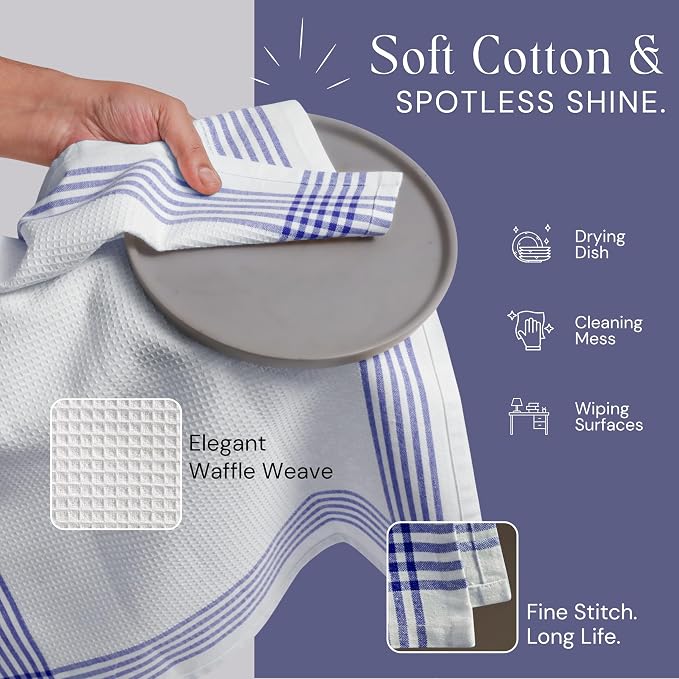 Waffle White & Indigo Blue Kitchen Towels 4 Pack, 100% Cotton, 16x26 inches, Premium Dish Towel, Long Lasting Bar Mop Cloths, Perfect for Drying Dishes, Cooking and Cleanup