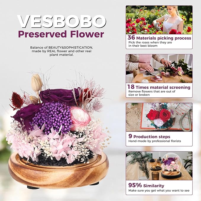 Preserved Flowers Bouquets Unique Rose Preserved Flower Gifts in Glass Dome for Women,Wife, Grandma Suitable for Birthday, Mother’s Day, Valentine’s Day, Anniversary, Christmas