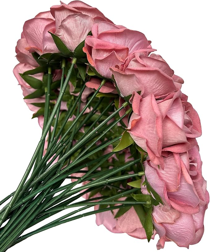 FagusHome 30 Pcs Silk Rose Artificial Flowers Roses Bulk Bouquet Fake Flowers Rose Heads with Stems for Home Wedding Decor (Dark Pink)