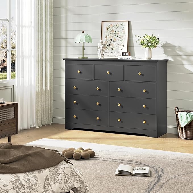 Black Dresser for Bedroom，55" Wide 9 Drawers Dressers,Modern Wooden Chest for Living Room, Hallway