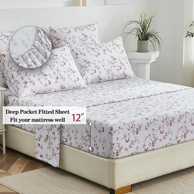 FADFAY Floral Sheets Set Twin XL Rustic Pink Floral College Bedding Ditsy Botanical Dorm Sheets Vintage Branches Bedding 100% Egyptian Cotton Sets with Deep Pocket Fitted Sheet 4Pcs, Twin XL Size