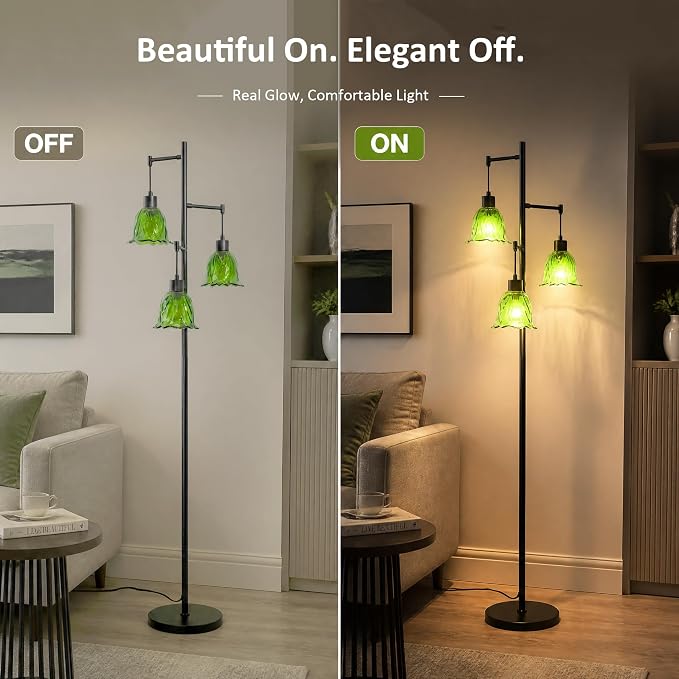 Green Glass Flower Floor Lamp,3 Light Tree Standing Lamp for Living Room Bedroom,Mid Century Modern Tall Floor Lamps Vintage Retro Boho Bohemian Home Office Decor Lamp Shade-Black