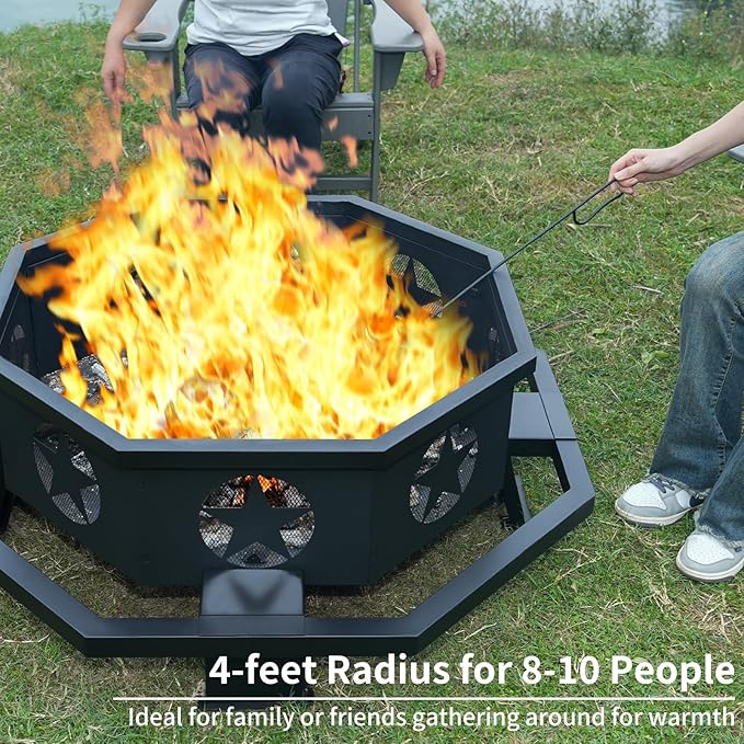 Auhilence 45 inch Large Fire Pit, Outdoor Fire Pit with Heavy Duty Construction, Wood Burning Fire Pits for Outside Octagonal Firepit for Camping, Backyard, Patio, Black