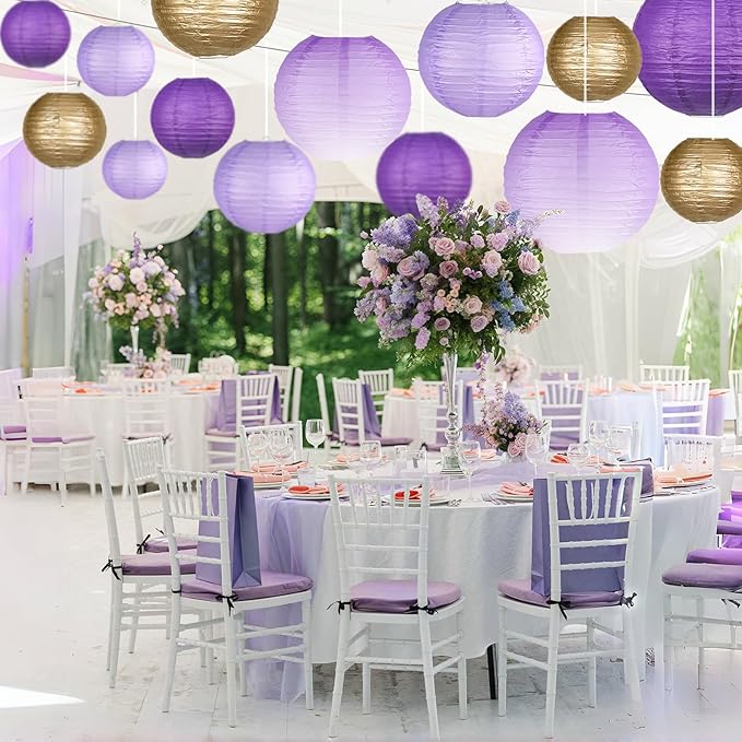 Paper Lanterns Decorative, Gradient Purple Round Hanging Paper Lantern Decorations for Purple Birthday Decorations Bachelorette Gender Neutral Baby Shower, 15Pcs