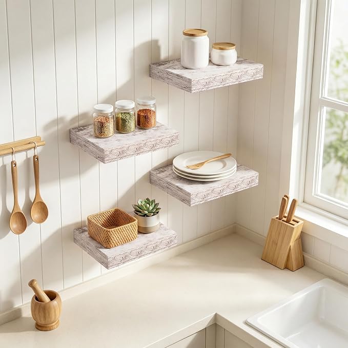 RICHFOCUS 8 Inch Floating Shelves for Wall Small Square Shelves Set for Plant|Bedroom|Kitchen|Bathroom Rustic Wood Wall Mounted Shelf with Invisible Brackets for Books|Storage|Decor, Rustic White