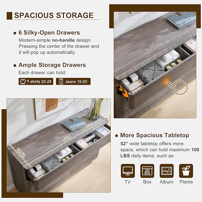 ACCOHOHO Modern 6 Drawer Dresser for Bedroom, 52" Wide Wooden Dressers with Large Storage,Handleless Chest of Drawers TV Stand for Living Room & Hallway, Curved Profile Design, Grey