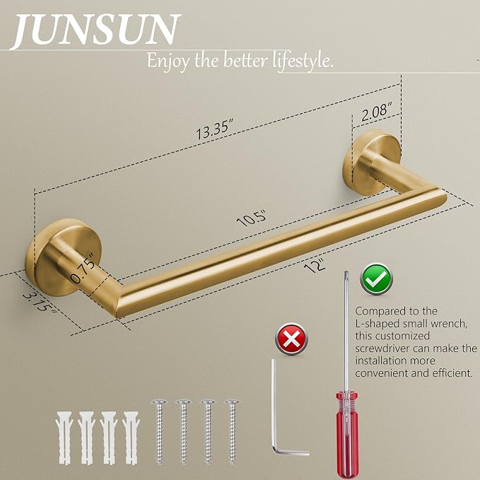 JunSun Bathroom Towel Bar 12 Inch Brushed Gold Towel Racks Wall Mount Bath Hand Towel Holder Modern Home Decor Towel Rod Bathroom Hardware Stainless Steel Towel Hanger Gold Towel Rail Single Towel Bar