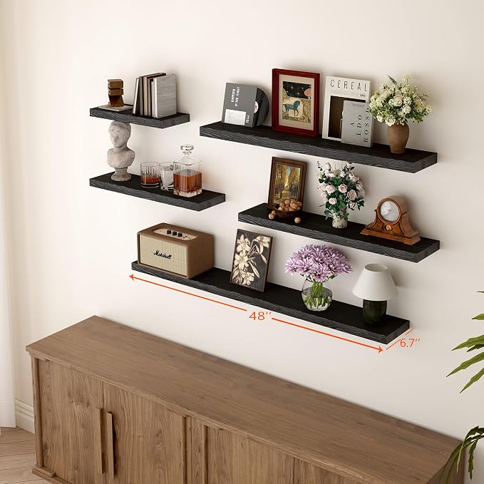 BGMG Wood Floating Shelves 48 Inch, Set of 2, Wide Rustic Wooden Wall Shelves for Bathroom Living Room Bedroom Kitchen Farmhouse - 48x 6.7 x1.25 Inch - Black
