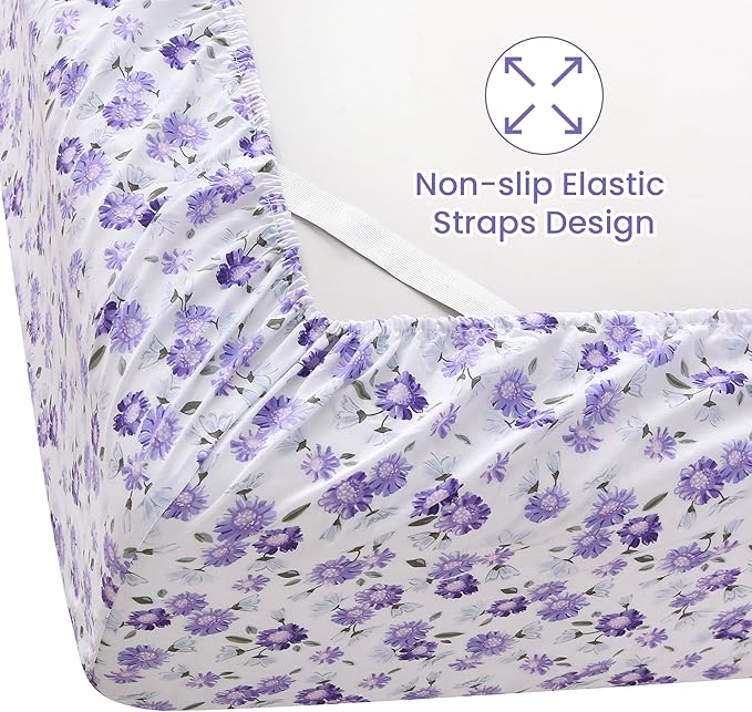 Softan Puple Floral King Sheet Set, 4-Piece Microfiber Printed Fitted Sheet with 15" Deep Pockets & Non-Slip Straps, White Flower Patterned Bedding Sheets & Pillowcase Set