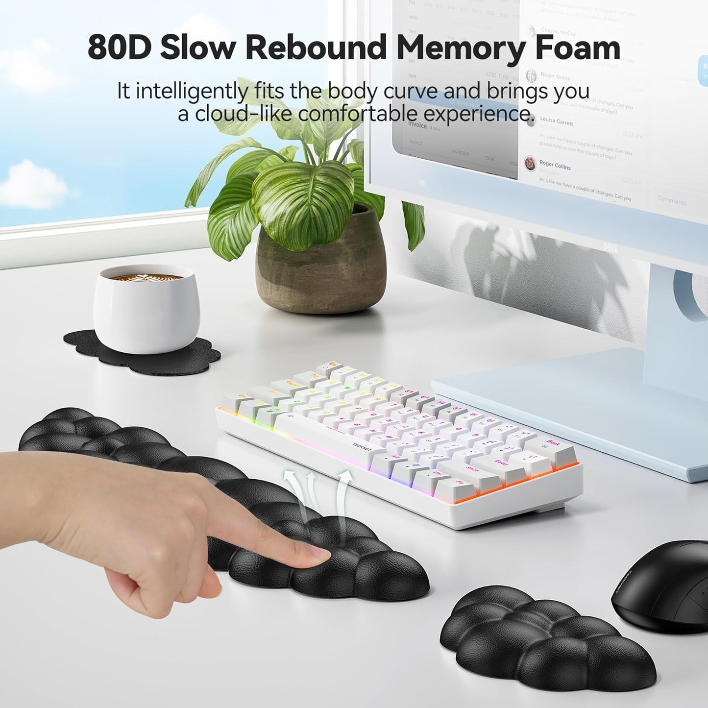 TECKNET Cloud Keyboard Wrist Rest Set - Ergonomic Memory Foam Pad with Non-Slip Base | Black
