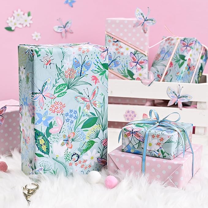 Burymento Reversible Butterfly and Floral Design Wrapping Paper Roll - Pink and white polka dot design on the other side, suitable for Valentine's Day, Birthday, Mother's Day, Wedding, Baby Shower