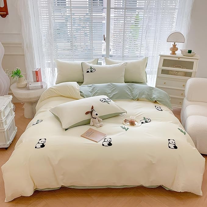 MorroMorn Queen Duvet Cover Cotton, 3D Embroidery Queen Bed Set Green, Chenille Embroidered Comforter Covers Blanket Soft Breathable Sweat-Absorbent for Girls Boys Kids Teen (Panda, Full/Queen)