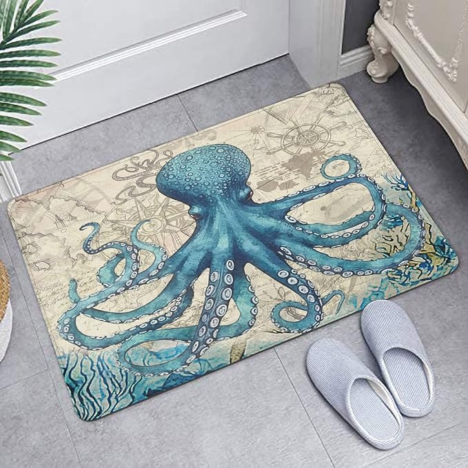 Britimes Blue Bath Mat for Bathroom, Sea Theme Octopus Washable Cover Floor Rug Carpets Floor Mat Bathroom Decorations 18x30 Inches for Kitchen Bedroom Indoor