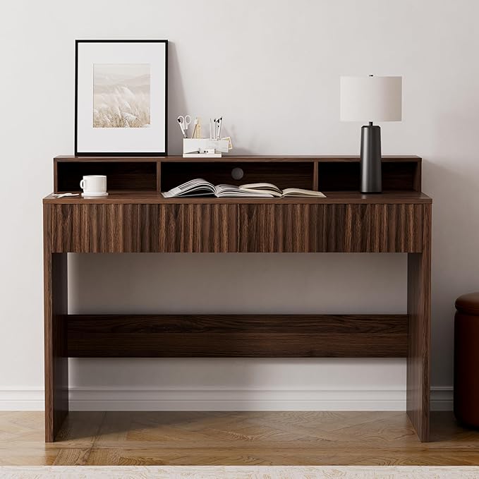 47" Executive Desk with Fluted Drawer, Modern Home Office Desk with Long Monitor Stand and 2 Drawers, Computer Writing Desk for Study Office Vanity, Brown
