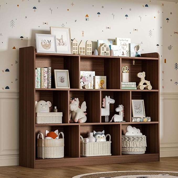 Brown Bookshelf, Wood Bookcase with 3 Tier Open Shelves, 10-Cube Minimalist Storage Shelf for Living Room, Bedroom, 55.1" W x 42.5" H