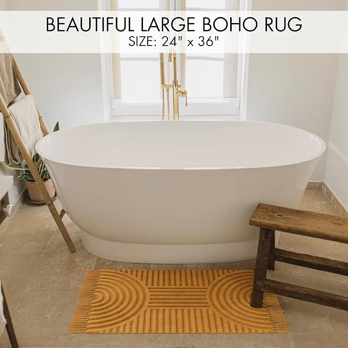 KIBAGA Beautiful Boho Rug with Tassels for Your Bathroom - Soft 2 x 3 ft. Cotton Rug Fits Perfectly Into Your Bath - Washable, Non-Slip Mat Ideal to Enhance Any Modern Home Decor, 24 x 36 inch